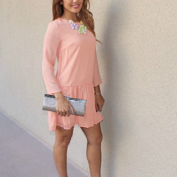 Coral Peach 3/4 Sleeve Drop Waist Dress - Picture 4 of 4